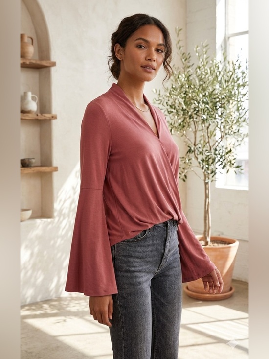 Alya Tops - Alya Francesca's Mauve Pink Faux Wrap Top Bell Sleeve Size XS